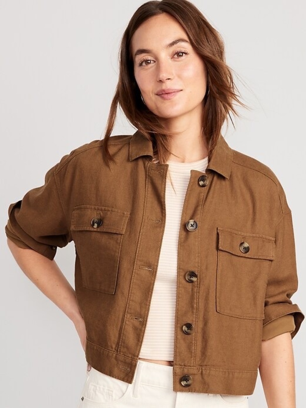 Old Navy Brown Linen Blend Utility Chore Jacket Button Front Size Small